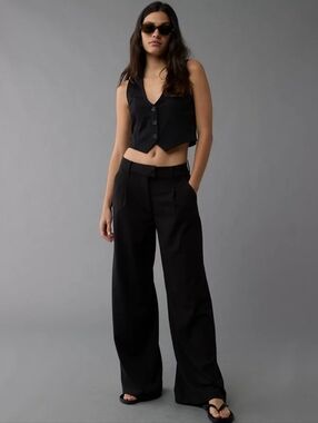 American Eagle Wide Leg Trousers Black Size 2 Long High Rise